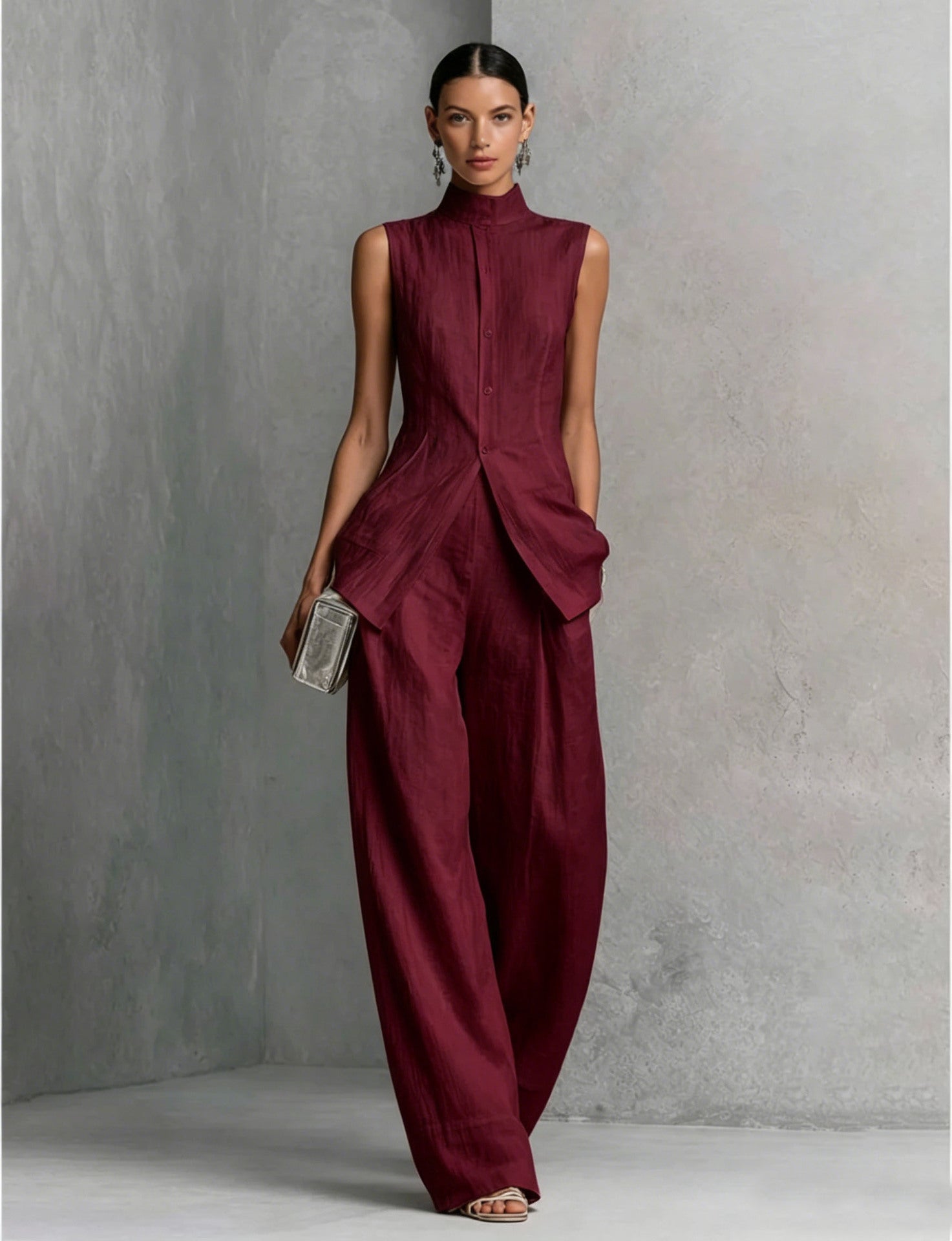 Women's sleeveless top and long pants two-piece casualwear set by Plush Fashion Hub in four colors, styled for comfortable everyday wear.