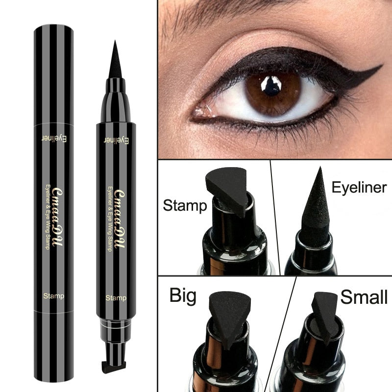 Black dual-ended eyeliner pen with a felt tip and wing stamp, shown with applied eyeliner and stamp options.