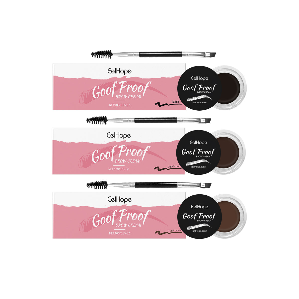 Three EelHope Goof Proof brow cream sets in pink and white boxes, each with a jar and dual-ended brush.