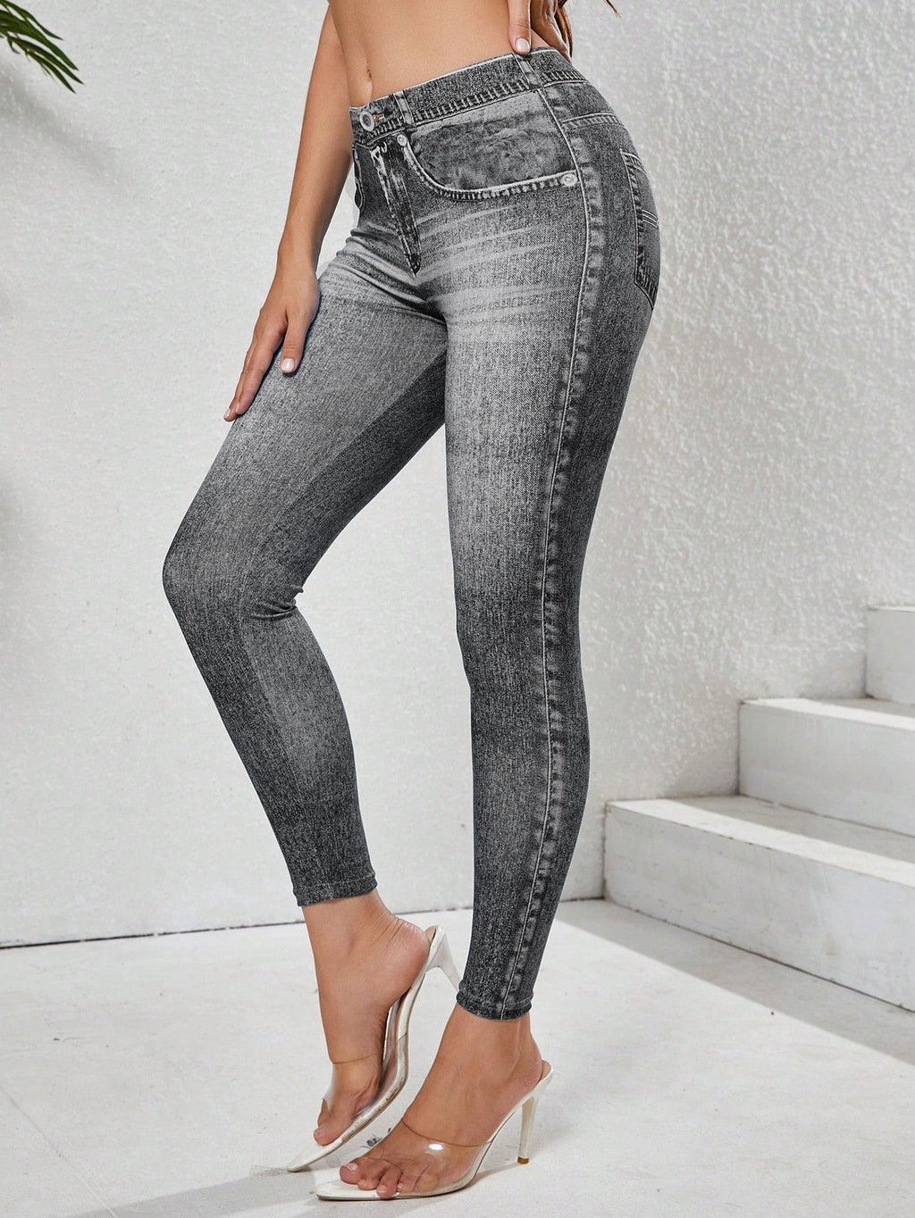 Plush Fashion Hub retro denim-look leggings with high elasticity, designed for butt-lifting and comfortable yoga or fitness workouts.