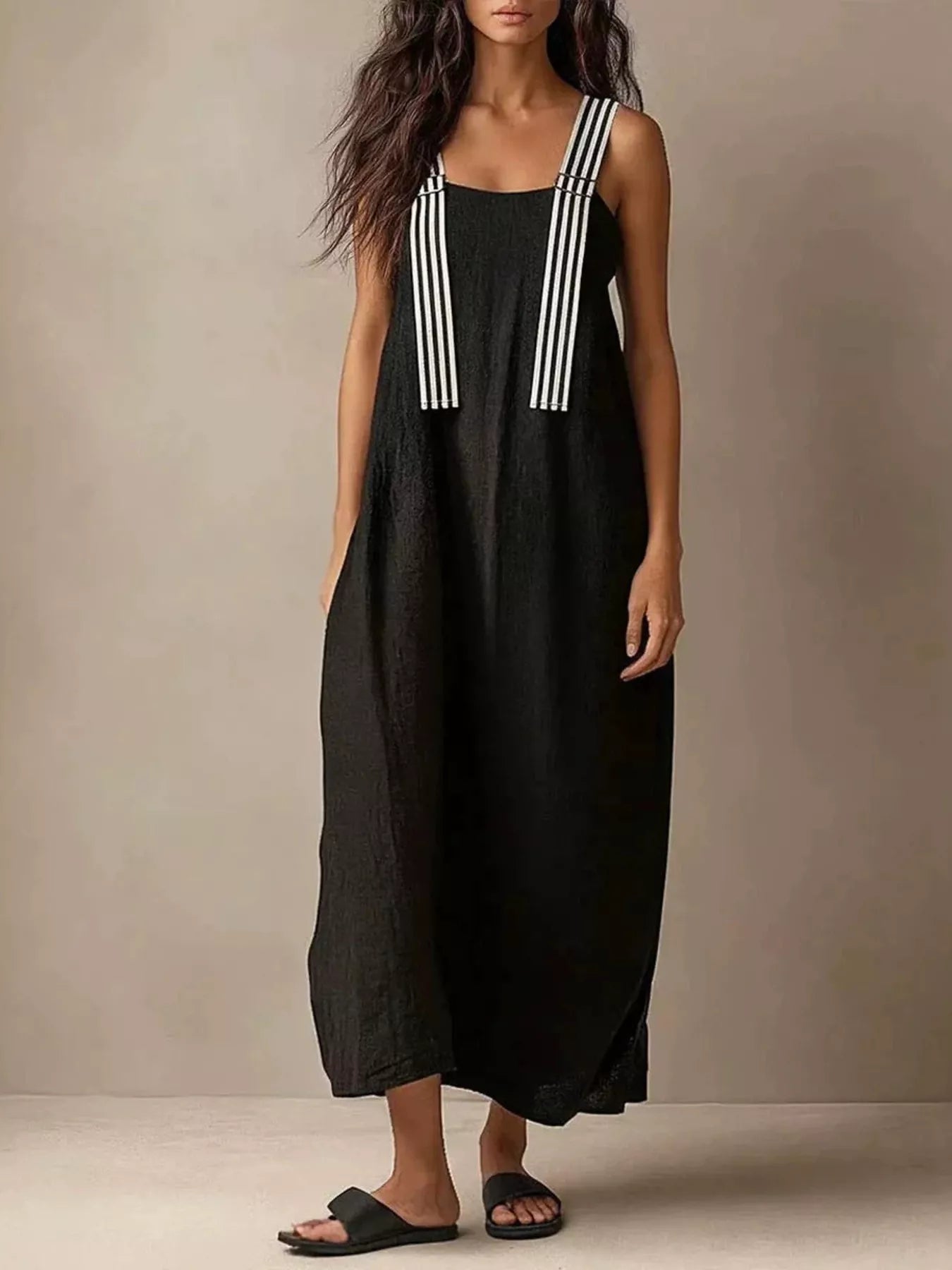 Shopimist striped straps midi dress with a fitted bodice and flowing skirt, featuring bold horizontal stripe patterns.