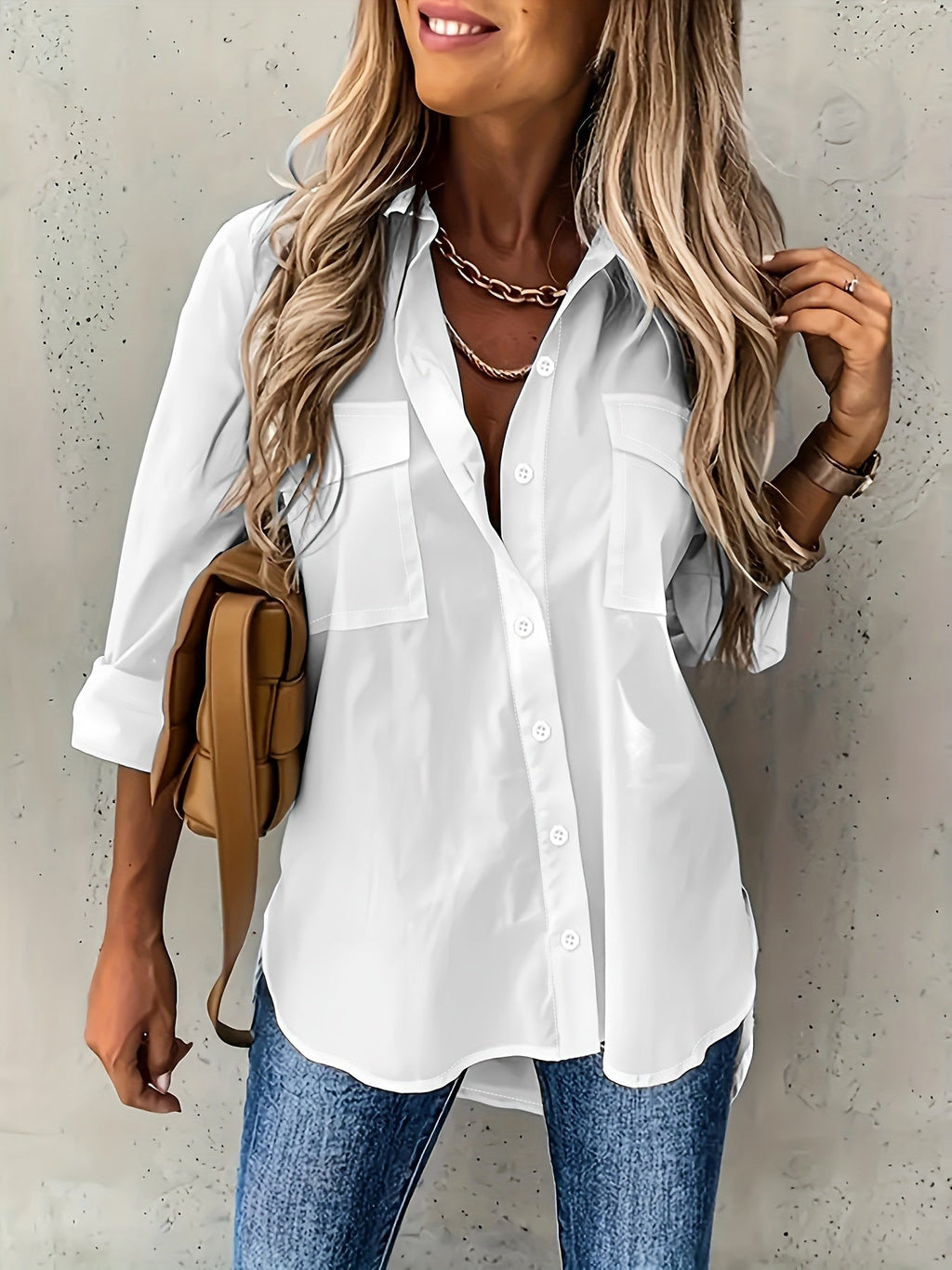 Women’s casual long sleeve shirt with pocket by FitiqueFit, featuring a relaxed fit and soft fabric in a versatile design.