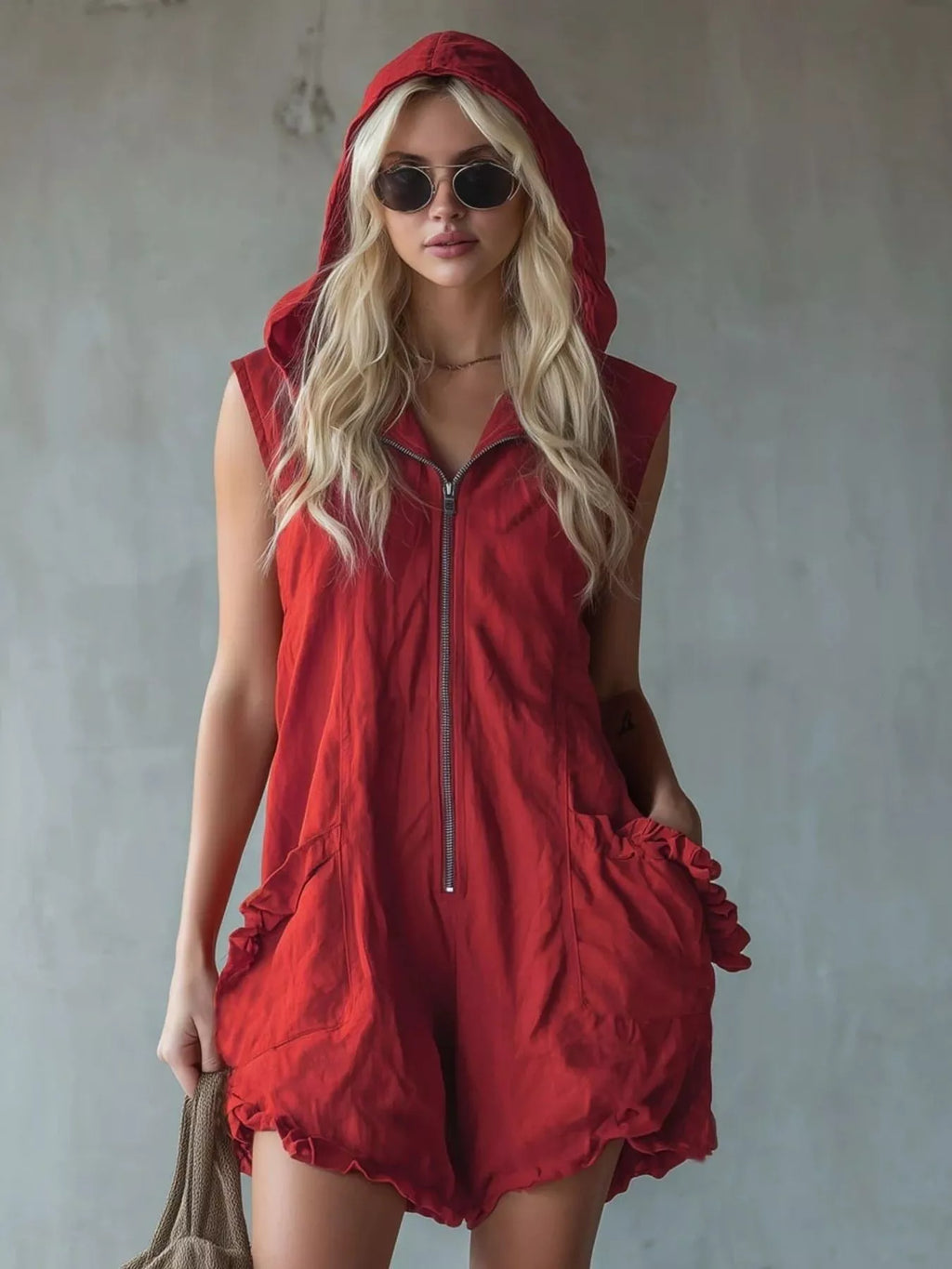 Full size hooded sleeveless zipper romper with ruffled pockets, plus size jumpsuit by Shopimist, displayed with front view and details.