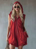 Full size hooded sleeveless zipper romper with ruffled pockets, plus size jumpsuit by Shopimist, displayed with front view and details.
