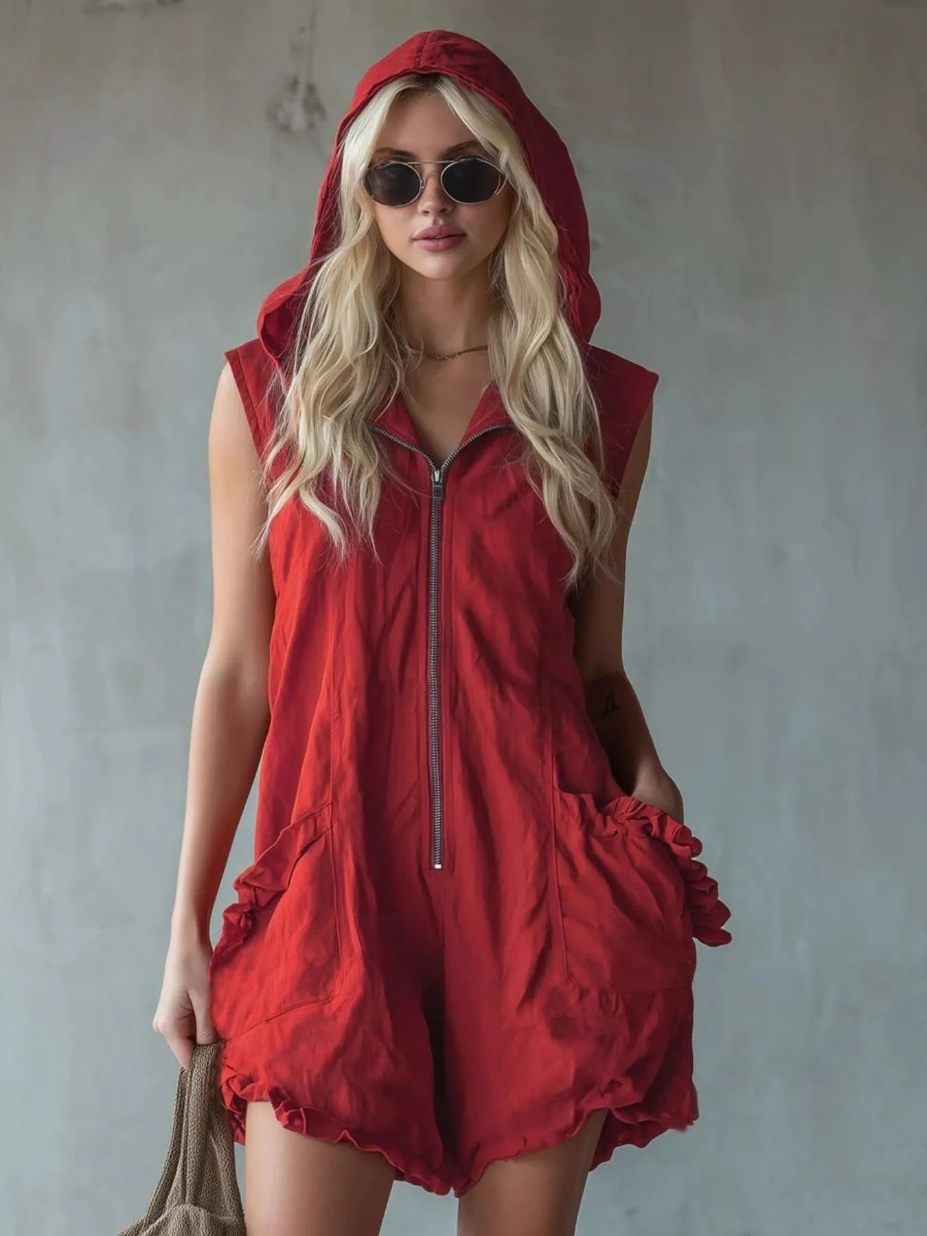 Full size hooded sleeveless zipper romper with ruffled pockets, plus size jumpsuit by Shopimist, displayed with front view and details.