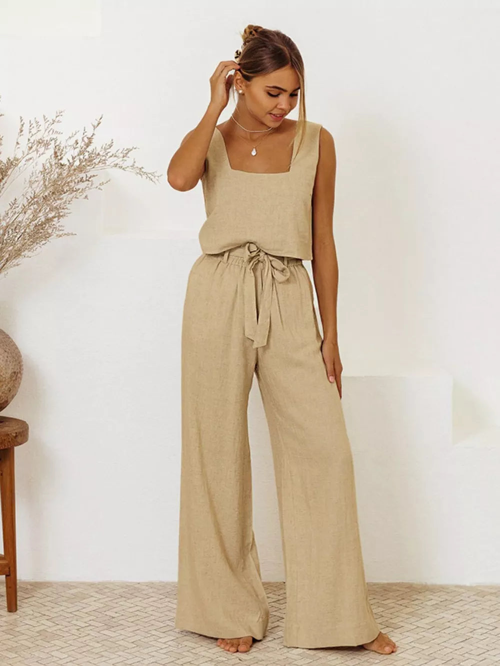 Square neck sleeveless top and pants set by Shopimist, featuring a modern, stylish design in neutral fabric.