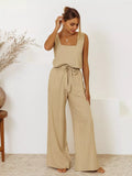 Square neck sleeveless top and pants set by Shopimist, featuring a modern, stylish design in neutral fabric.