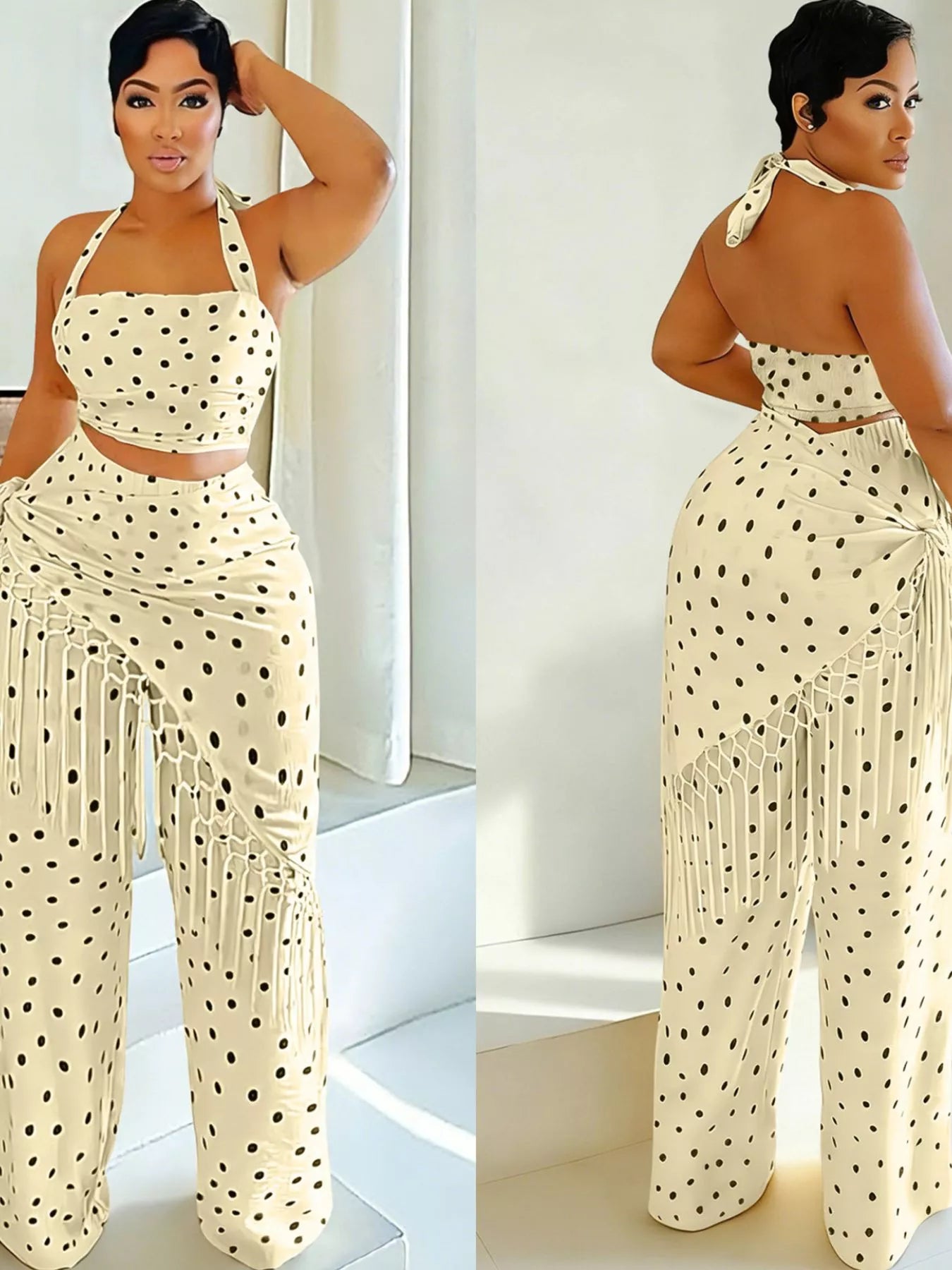 Polka dot halter neck cami and fringe trim pants set with rings from Trendsi, featuring a stylish polka dot pattern and trendy design.