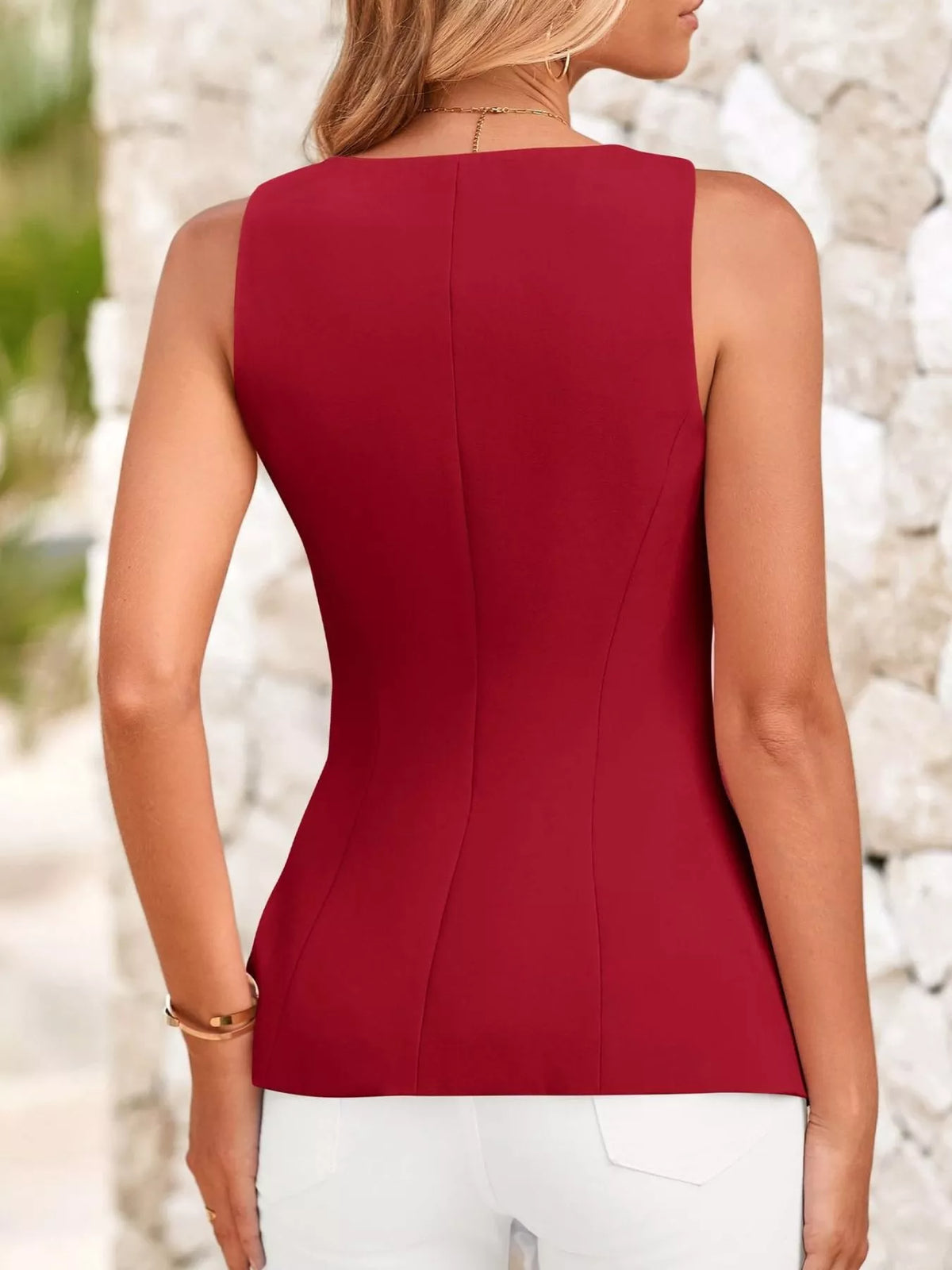 Plush Fashion Hub square neck button-up vest, stylish tops with a fitted design and front button closure, in soft fabric.