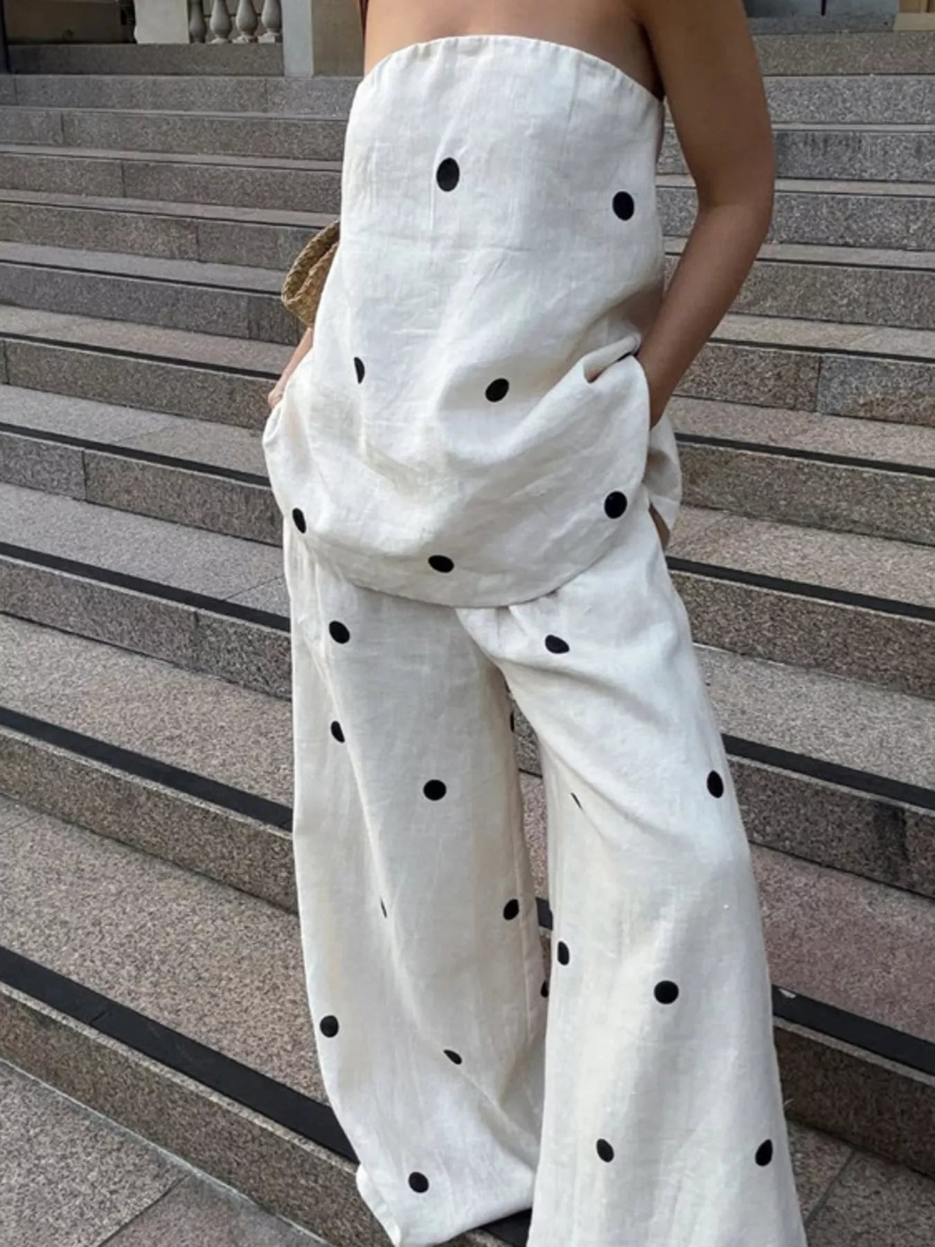 Plush Fashion Hub polka dot tube top and matching pants set, stylish two-piece outfit perfect for casual or summer wear.