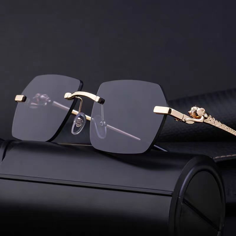 Gold frame cheetah rimless sunglasses with hip-hop style from FitiqueFit, featuring bold, fashionable eyewear design.