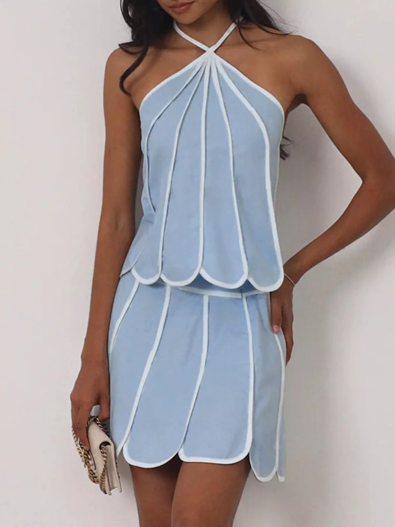 Contrast trim halter neck top and skirt set by Plush Fashion Hub, stylish two-piece outfit with bold design and modern fit.