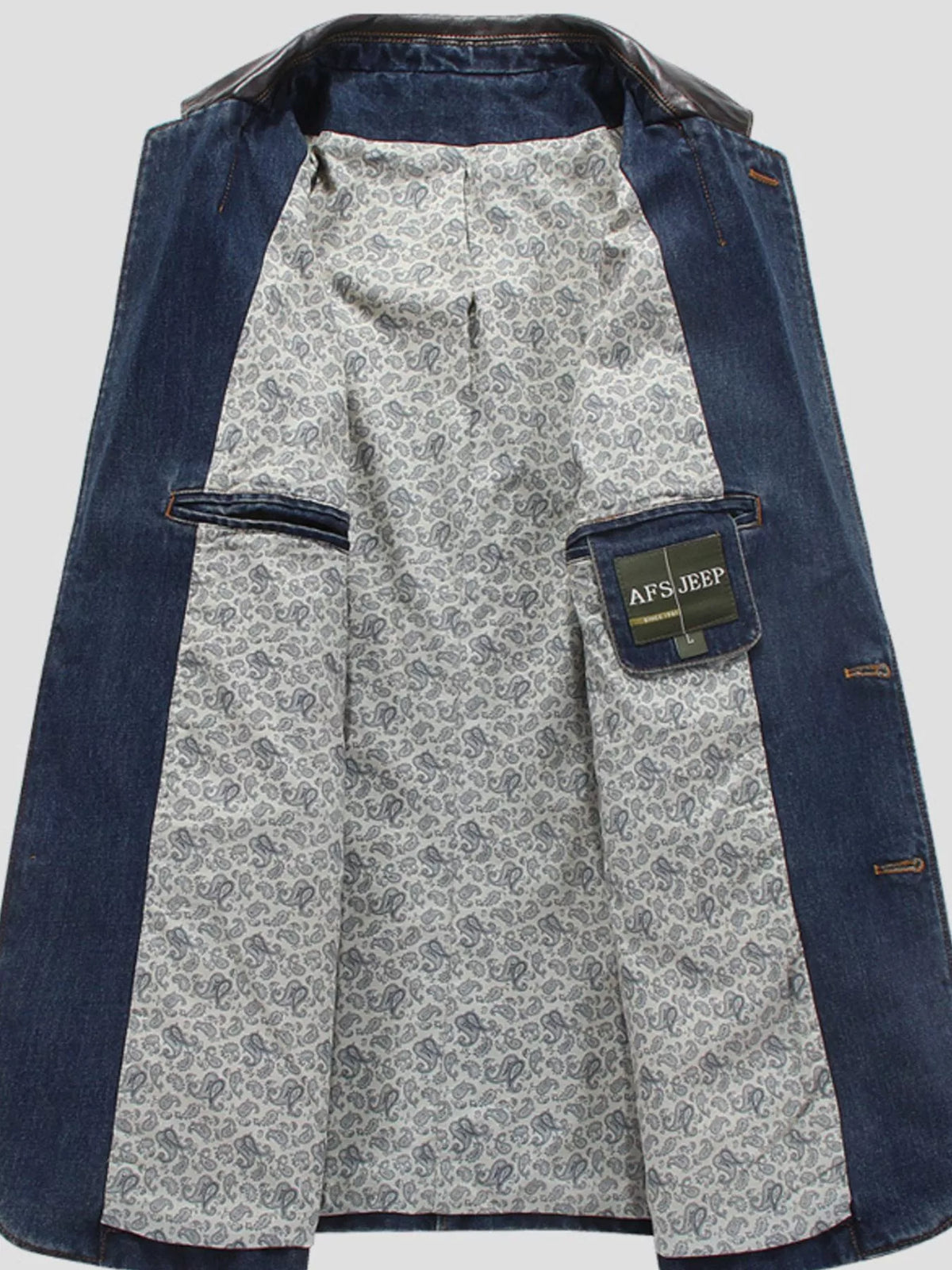 Plus size men's denim blazer with lapel collar and button-up front from Plush Fashion Hub, shown in dark blue denim fabric.