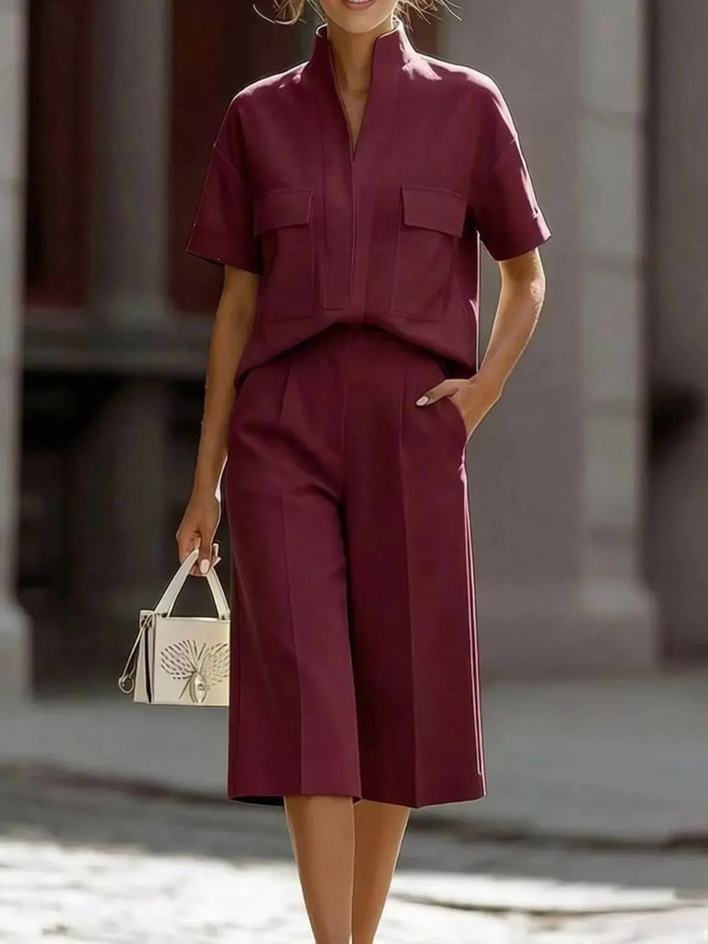Plus size Shopimist short sleeve top and wide-leg pants set, featuring a coordinated casual outfit in natural fabric.