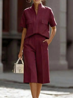 Plus size Shopimist short sleeve top and wide-leg pants set, featuring a coordinated casual outfit in natural fabric.