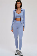 Fitglutes activewear 3-piece set including a zip jacket, cross-back sports bra, and leggings for workout and gym activities.
