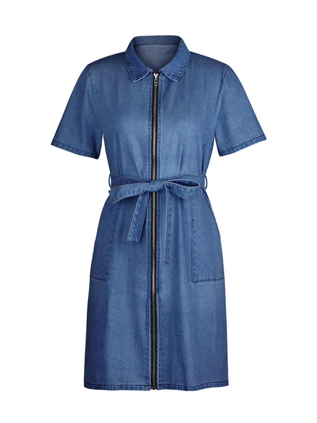 Plus size VYSN denim dress with short sleeves and full zip front, featuring a stylish casual design and comfortable fit.