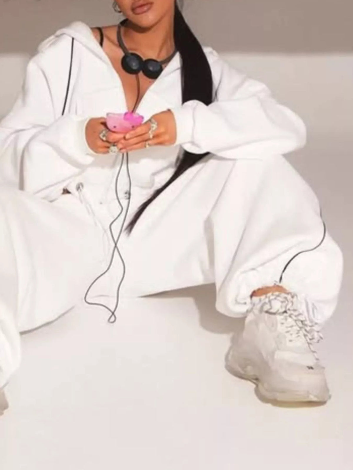 Trendsi cropped zip-up hoodie and wide-leg sweatpants lounge set, casual and comfortable outfit, front view showing hoodie details.