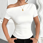 Women’s Y2K ruched one-shoulder summer top by Plush Fashion Hub, slim fit asymmetrical casual shirt with ruched detailing.