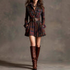 Women's plaid long sleeve mini dress by FitiqueFit with a belt, stylish casualwear perfect for everyday wear.