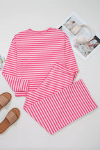 Stripe Drop Shoulder Round Neck Top and Buttoned Straight Pants Two Piece Set