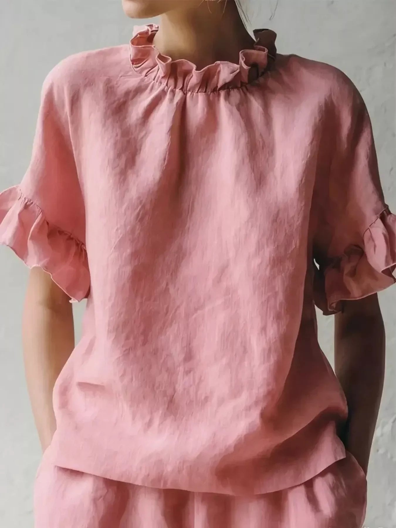 Plus size ruffled neck half sleeve blouse from Shopimist, featuring a stylish design and comfortable fit.