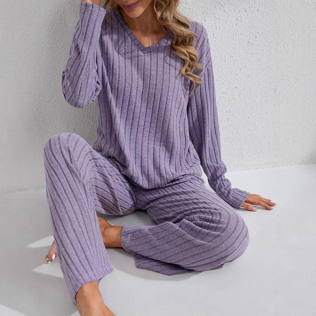 Women’s ribbed long sleeve top and pants loungewear set by FitiqueFit, featuring comfortable casualwear in a matching ribbed fabric.