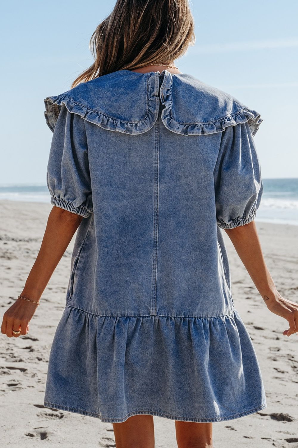 VYSN denim mini dress with ruffled side pockets and puff sleeves, stylish clothing and fashion piece for casual wear.