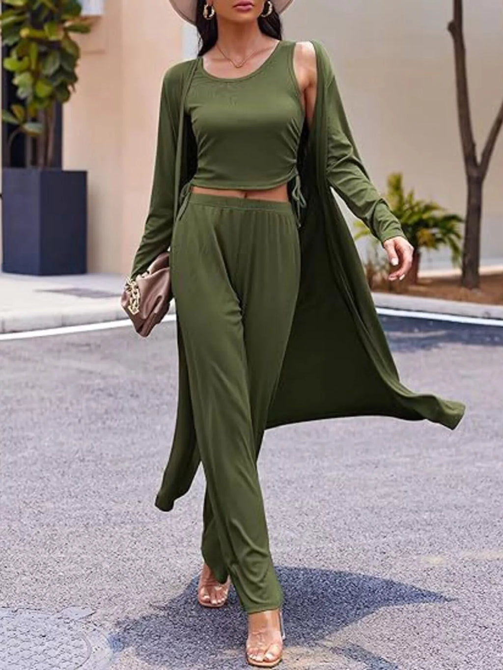 Trendsi loungewear set with round neck tank top, matching cardigan, and pants in soft fabric, perfect for comfortable casual wear