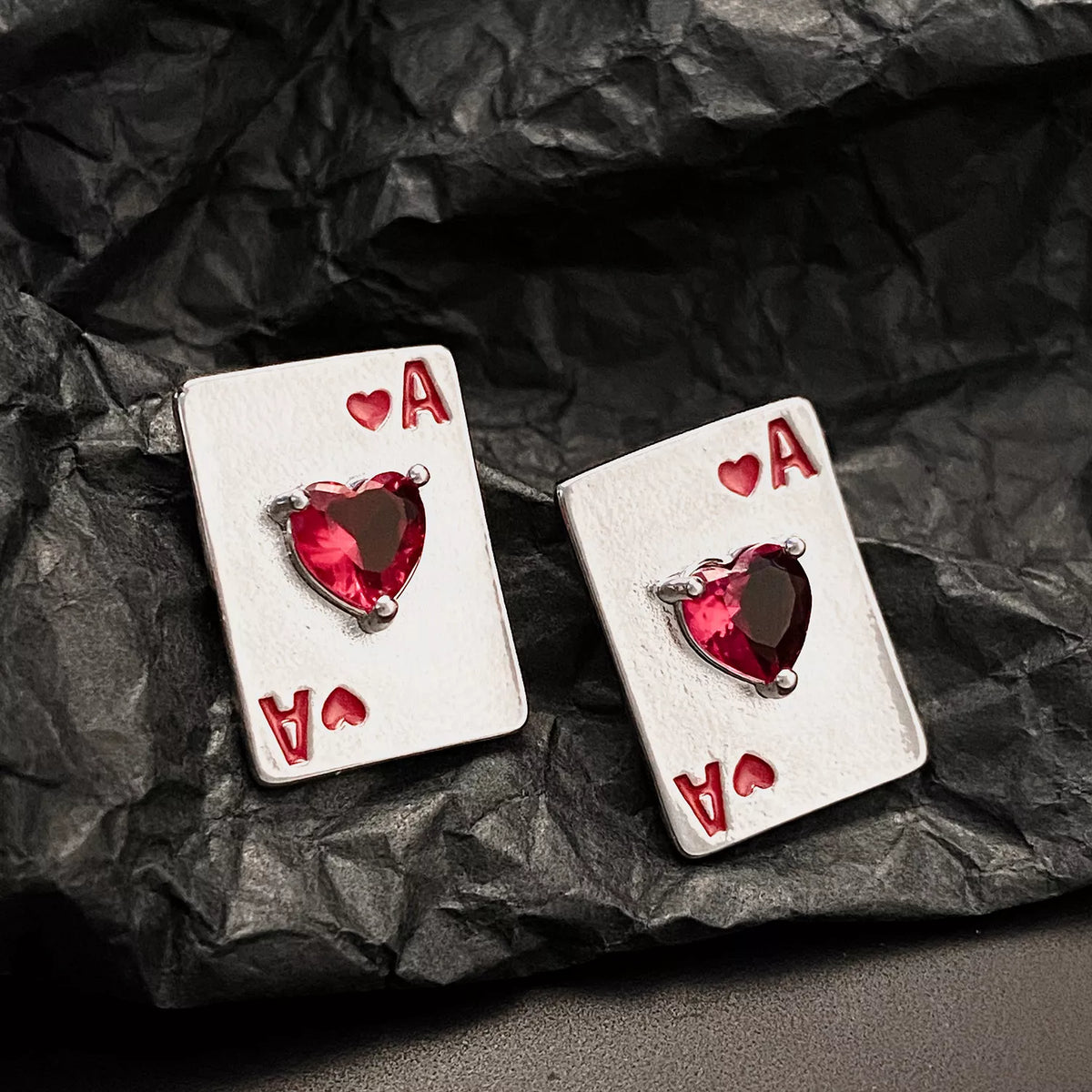 Gold-plated Ace of Hearts poker card stud earrings from Plush Fashion Hub, featuring detailed heart design on each earring.