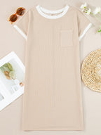 Women's ribbed color block T-shirt shift dress with pockets by Trendsi, featuring a casual fit and stylish design.