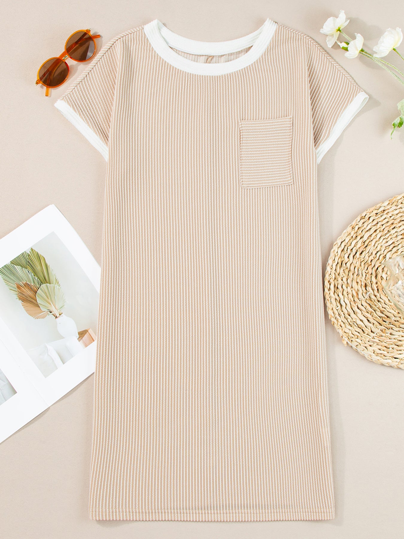 Women's ribbed color block T-shirt shift dress with pockets by Trendsi, featuring a casual fit and stylish design.