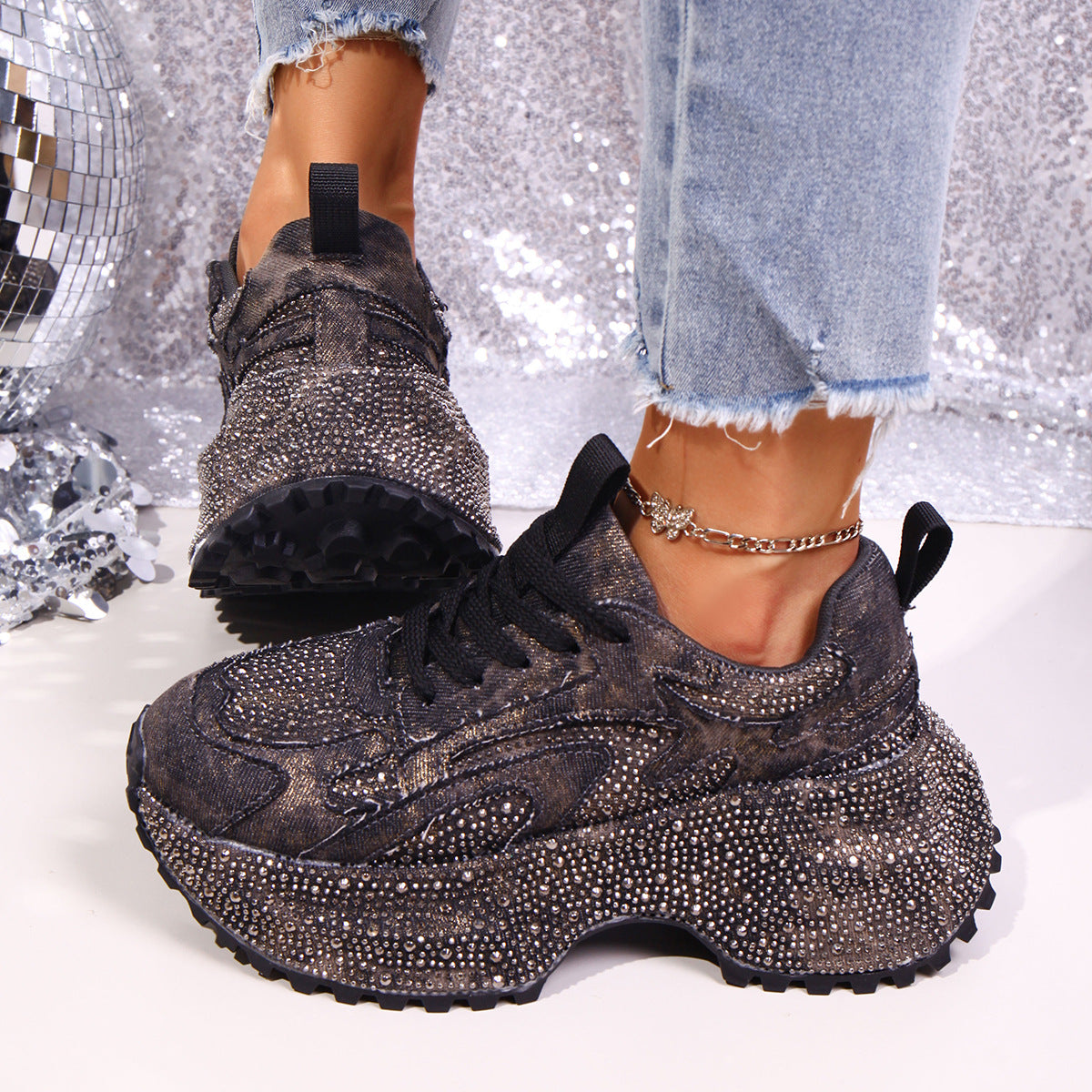 Rhinestone lace-up sandals from Plush Fashion Hub featuring sparkling embellishments and stylish design.
