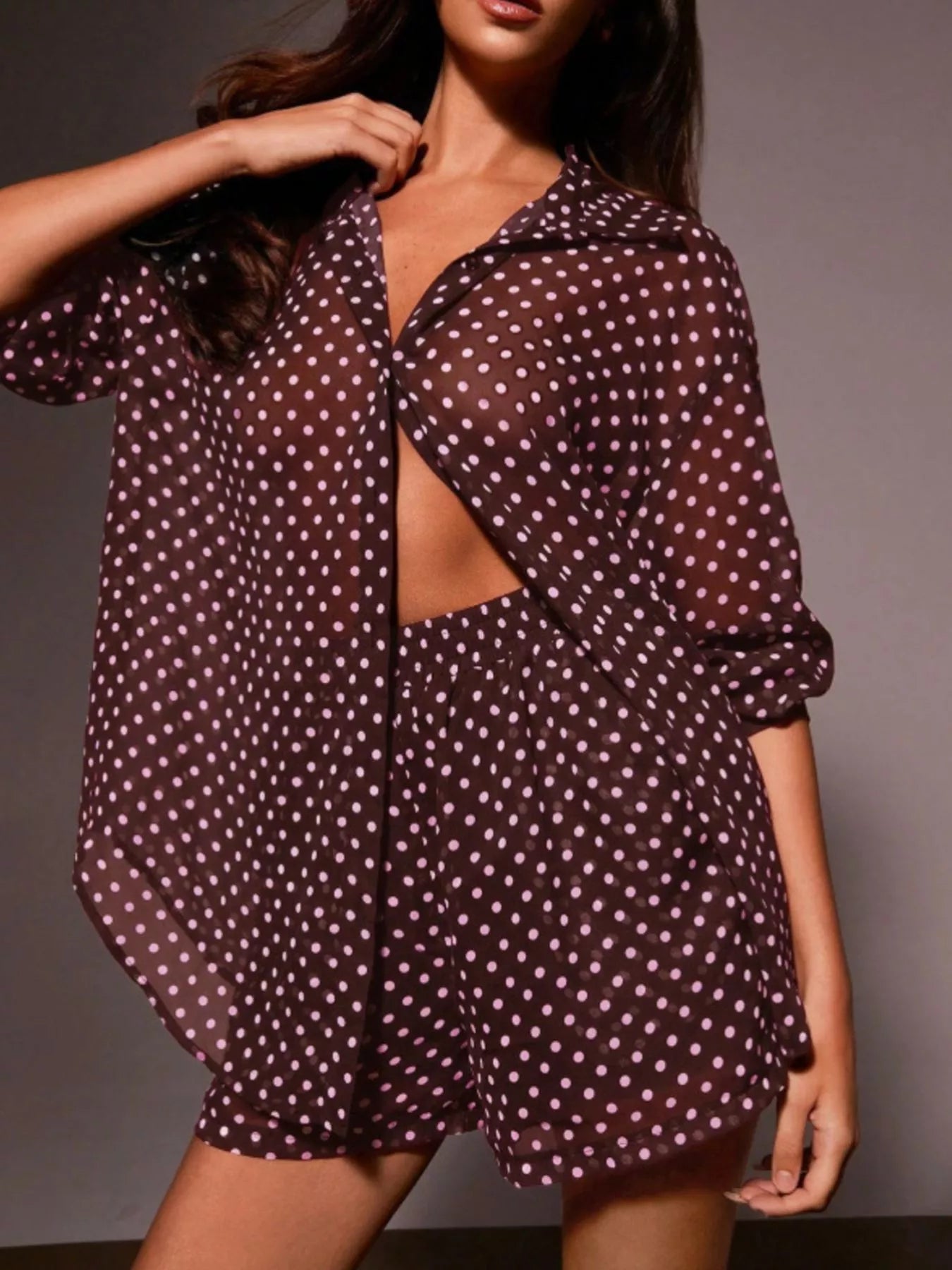 Shopimist polka dot button-up shirt and shorts set featuring a playful pattern, perfect for casual summer outfits.