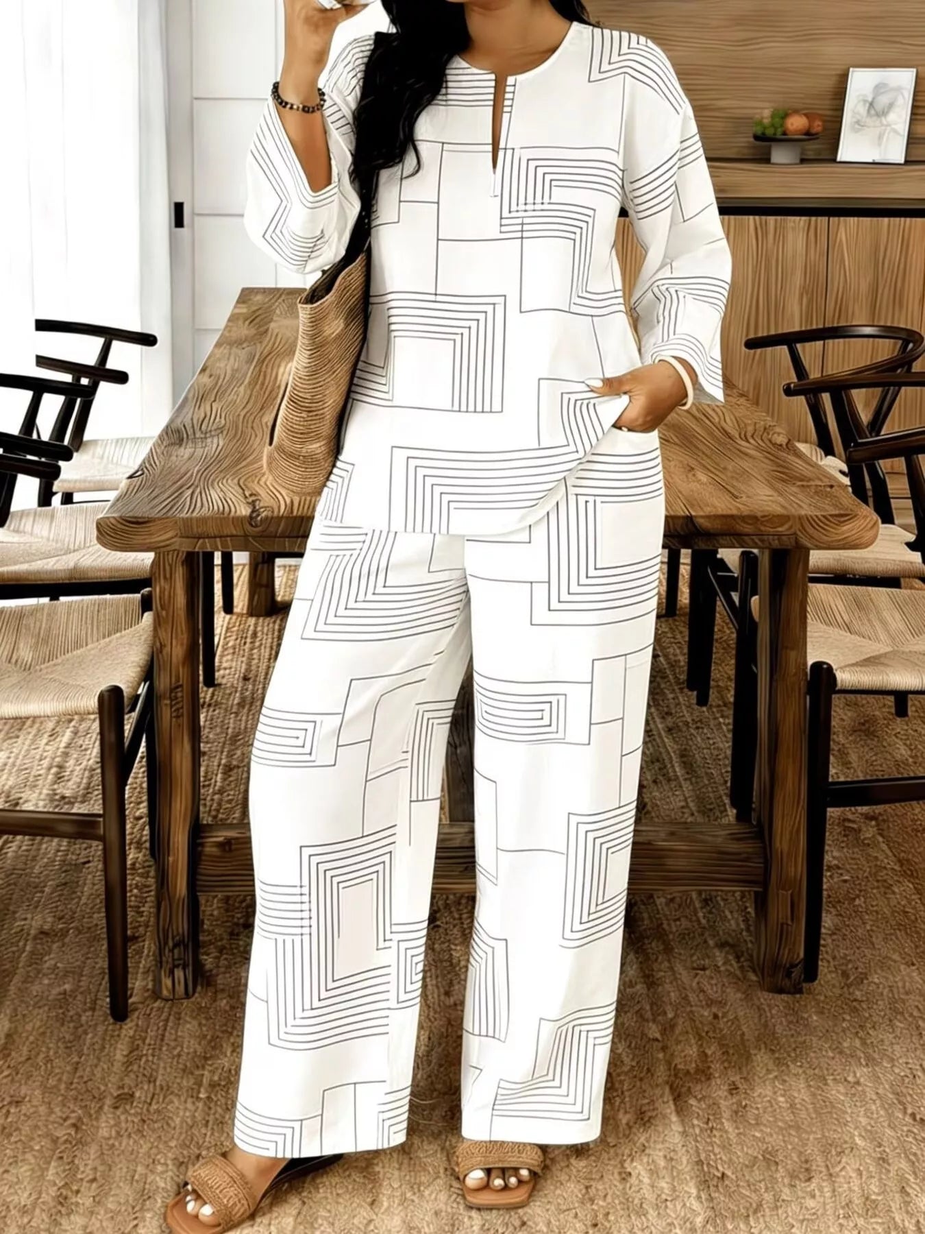 Geometric print relaxed fit top and pants set by Plush Fashion Hub, featuring a comfortable, stylish matching outfit.