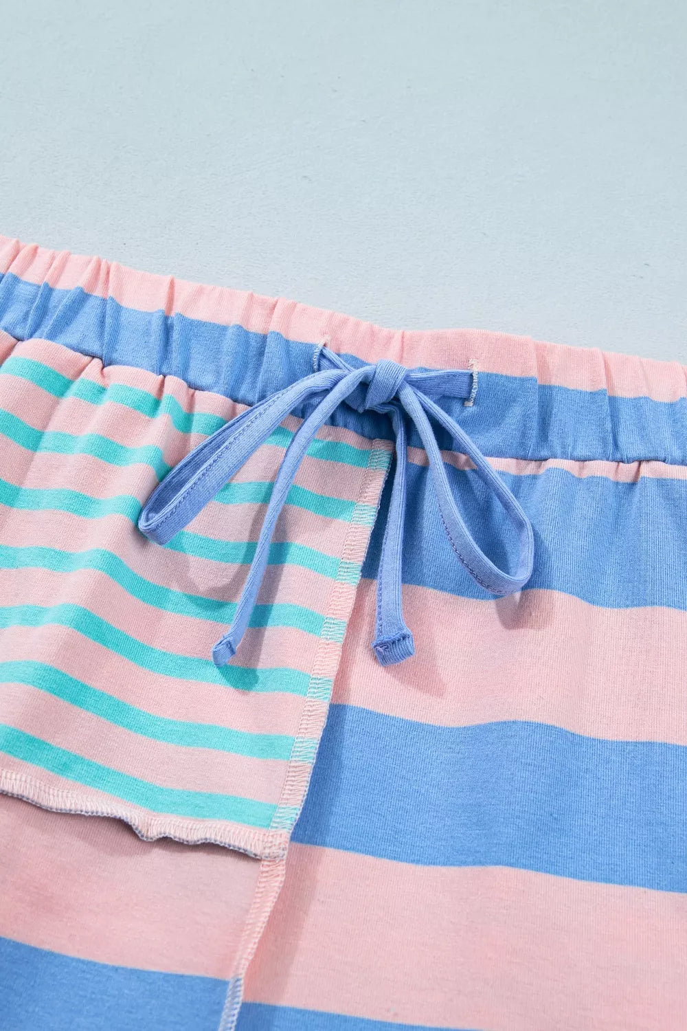 Stripe Exposed Seam Mixed Patchwork Loose Short Set by Shopimist, featuring striped and patchwork design with exposed seams.