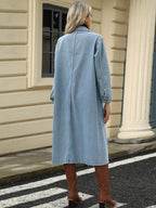 VYSN denim jacket with pocketed button-down collar, long sleeves, and classic blue denim fabric, casual fashion clothing.