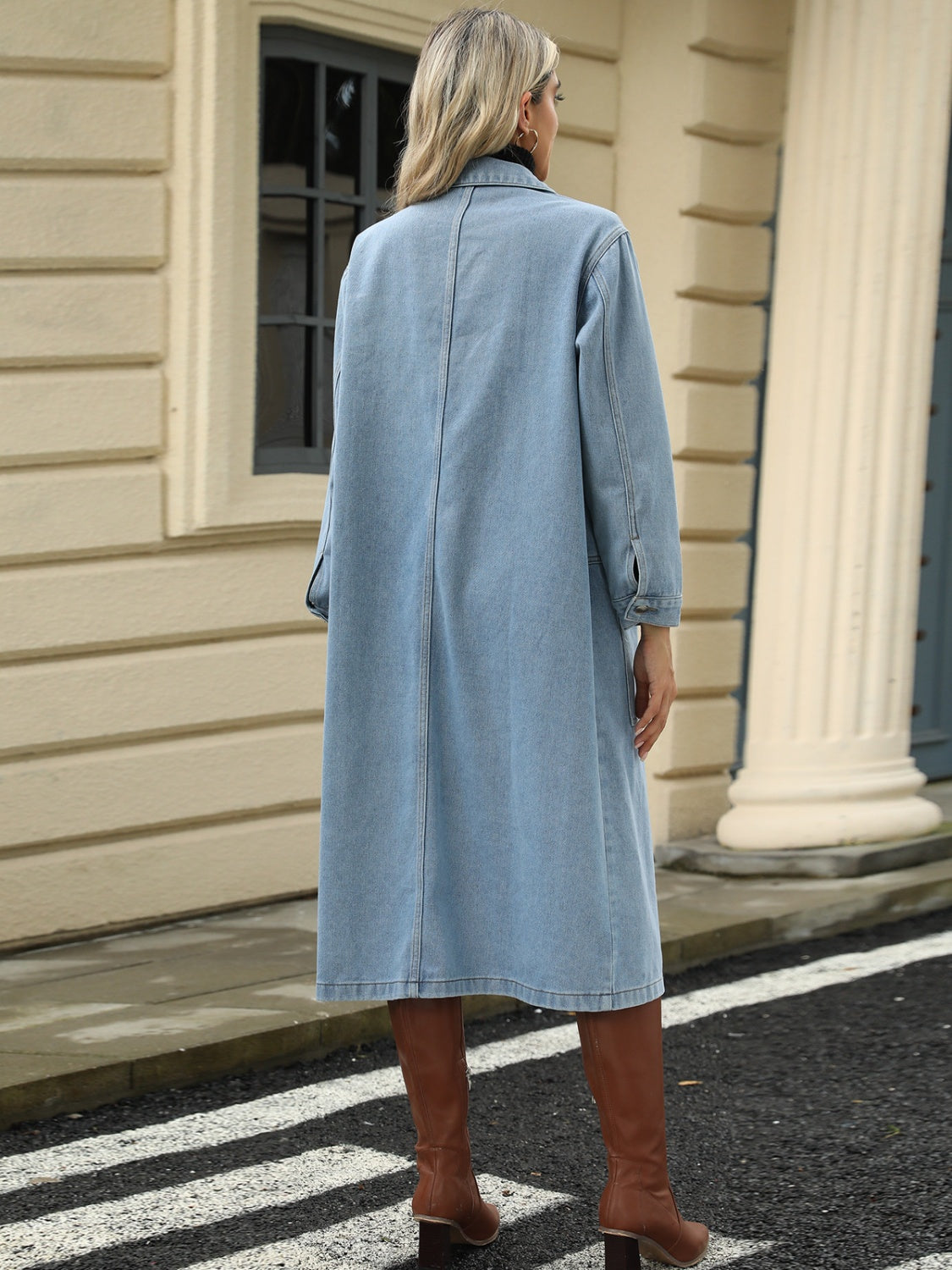 Denim collared neck button-down jacket with front pockets from Plush Fashion Hub, casual fashion clothing for women.