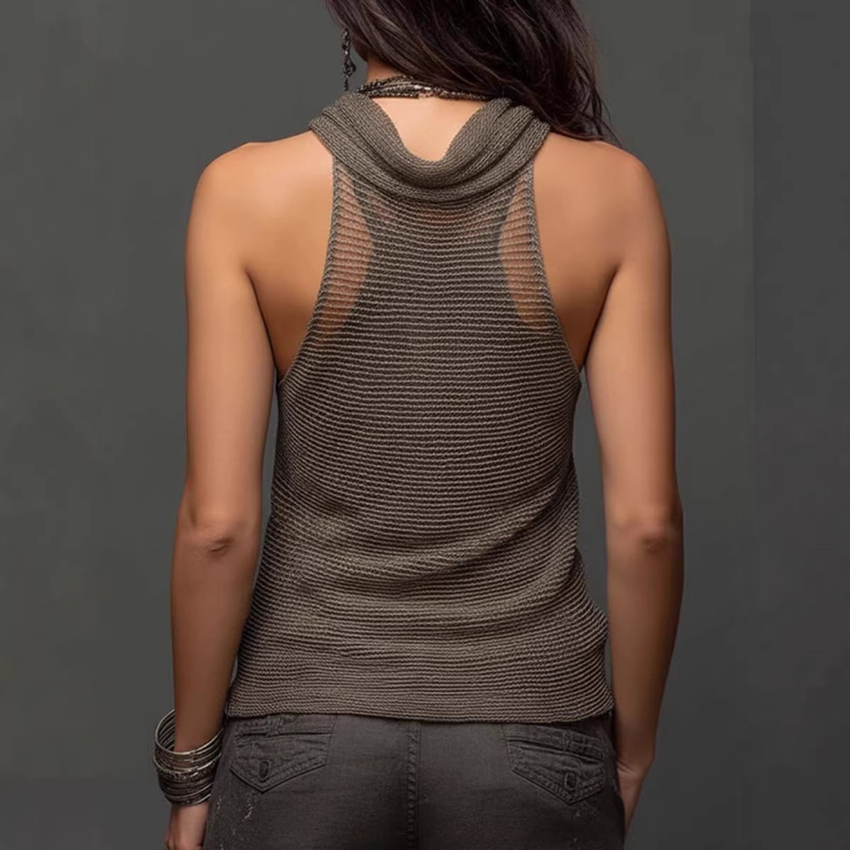 Women's slim-fit knit halterneck V-neck backless casual top by Plush Fashion Hub, shown in a front view.