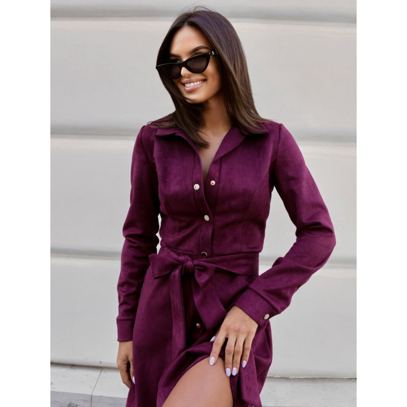 Loose linen lace-up long-sleeve mini dress by FitiqueFit in three colors, casualwear, featuring a relaxed fit and stylish design.