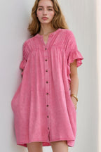 VYSN denim mini dress with ruffled short sleeves and button details, stylish and casual clothing for warm weather.
