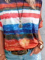 Women's casual contrast round neck short sleeve T-shirt by Trendsi, featuring a stylish design and comfortable fit.
