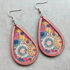 Shopimist floral wood teardrop earrings featuring carved flower designs on lightweight wooden dangles.