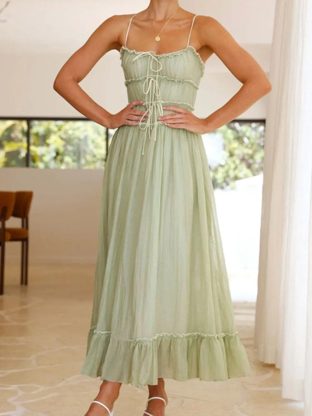 Women's Divine Frill Ruffled Hem Midi Cami Dress by Trendsi featuring a flowy silhouette and elegant ruffled hem detail.