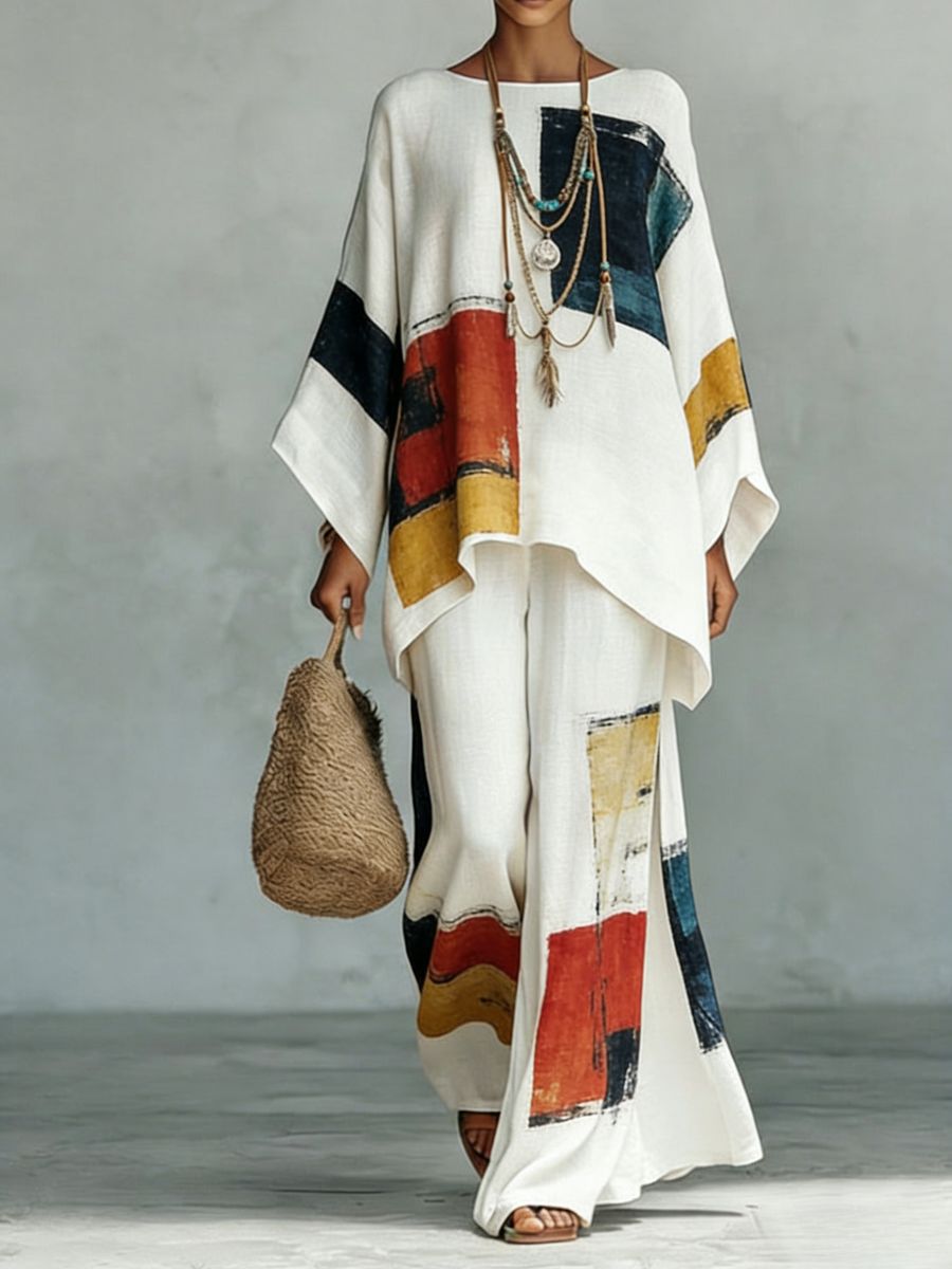 Floral print bamboo linen two-piece set with wide-leg pants by FitiqueFit, featuring a lightweight, stylish design.