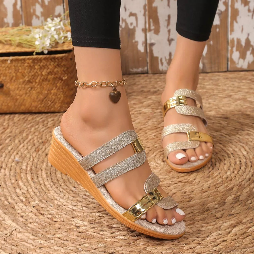 Women's open toe wedge sandals by Trendsi featuring mid-height heels and casual, comfortable design, perfect for summer wear.