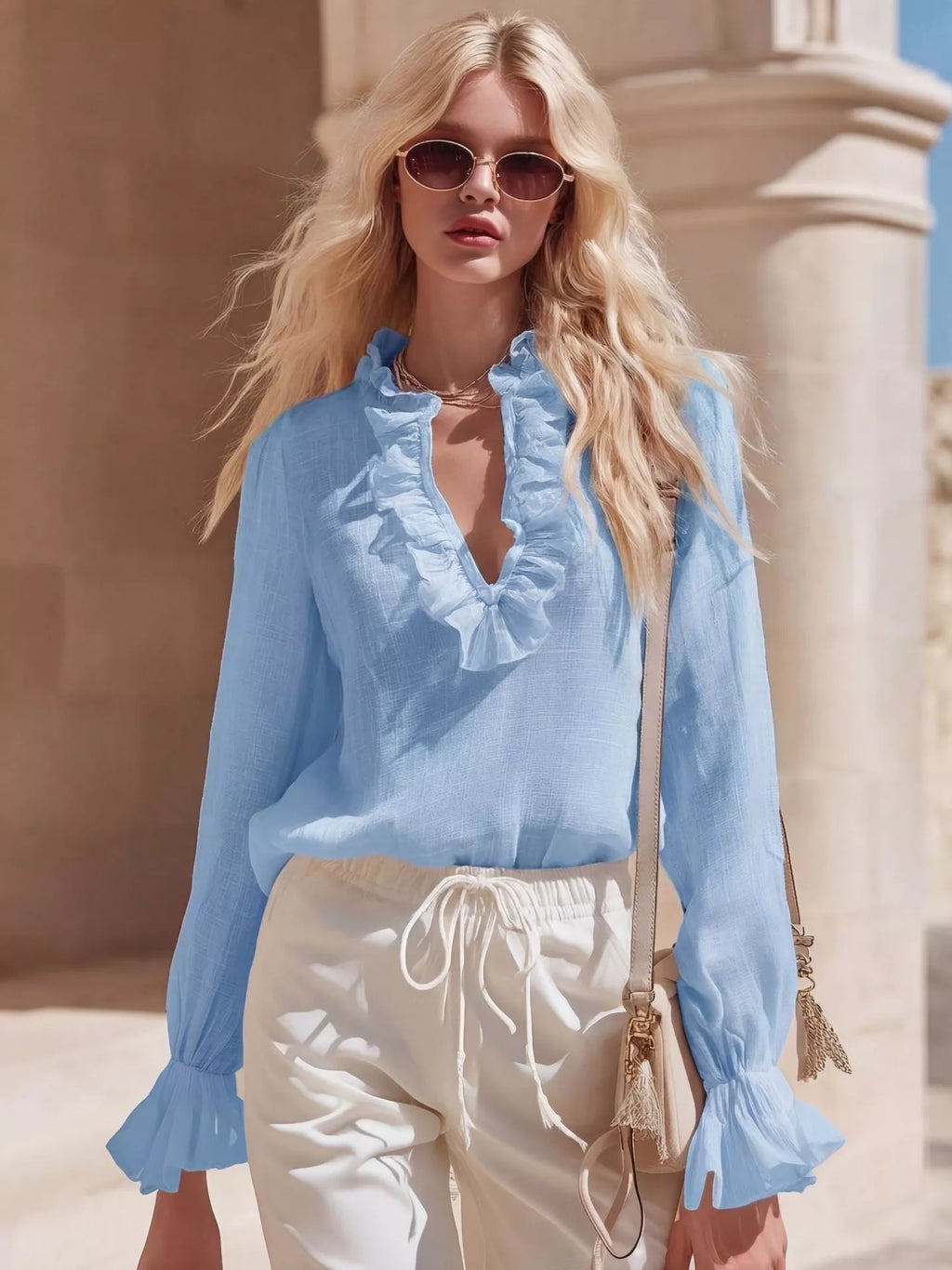 Shopimist ruffled V-neck long sleeve blouse featuring feminine ruffle details and a classic V-neck design.