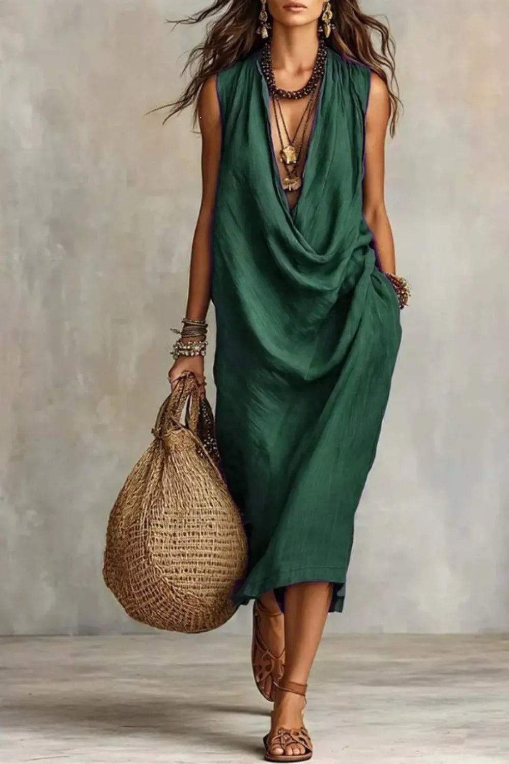 Shopimist sleeveless drape neck midi dress shown on a model, featuring a stylish, flowy silhouette and elegant design.
