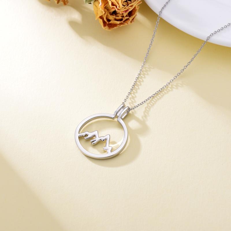 925 sterling silver mountain-shaped ring holder and pendant necklace with round shape, featuring intricate mountain details.