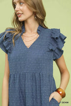 Umgee textured ruffle sleeve tiered midi dress shown in a stylish, flowy silhouette with layered fabric and ruffle details.